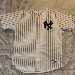 Majestic White Pinstripe Baseball Jersey with Navy Logo